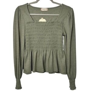 Altar'd State Olive Green Smocked Waffle Knit Peplum Top Square Neck Small NWT